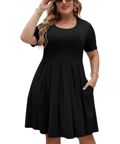 Women's Plus Size Pleated Dresses Summer Short Sleeve Loose Swing Dress with Pockets XL-5X Black $14.70 Dresses