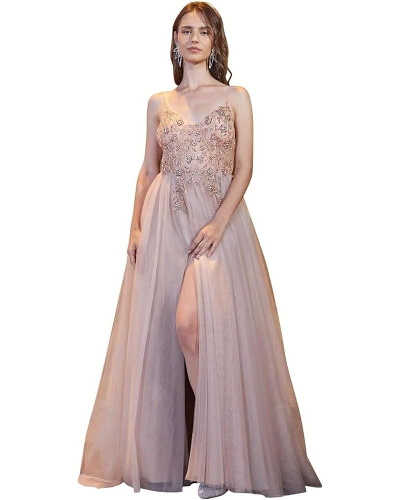 Lace Applique Tulle Prom Dresses for Women Long Spaghetti Straps A Line V Neck Prom Evening Ball Gown 2024 B-champagne $34.28...