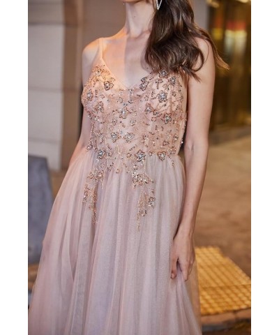 Lace Applique Tulle Prom Dresses for Women Long Spaghetti Straps A Line V Neck Prom Evening Ball Gown 2024 B-champagne $34.28...