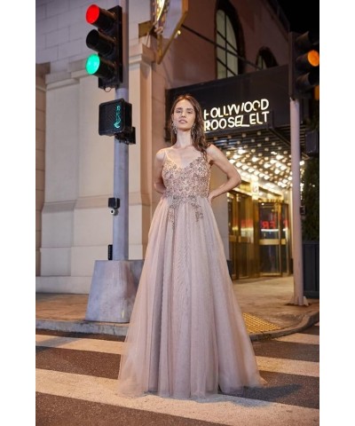 Lace Applique Tulle Prom Dresses for Women Long Spaghetti Straps A Line V Neck Prom Evening Ball Gown 2024 B-champagne $34.28...