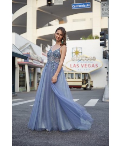 Lace Applique Tulle Prom Dresses for Women Long Spaghetti Straps A Line V Neck Prom Evening Ball Gown 2024 B-champagne $34.28...