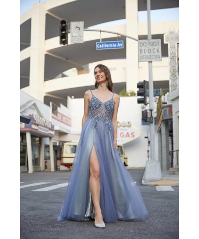 Lace Applique Tulle Prom Dresses for Women Long Spaghetti Straps A Line V Neck Prom Evening Ball Gown 2024 B-champagne $34.28...