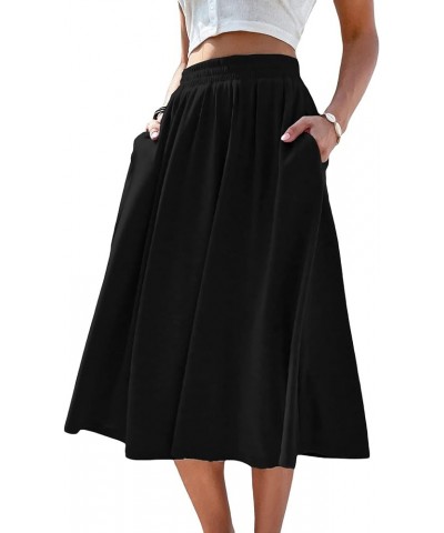 Women's Elastic Waist Pocket Side A Line Midi Swing Flared Skirt Black $14.88 Skirts