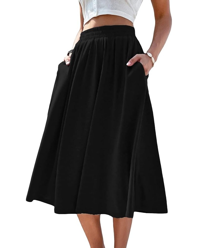 Women's Elastic Waist Pocket Side A Line Midi Swing Flared Skirt Black $14.88 Skirts