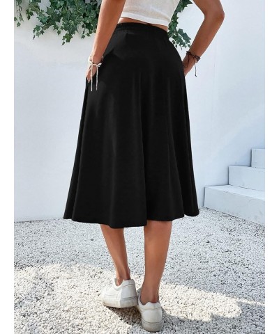 Women's Elastic Waist Pocket Side A Line Midi Swing Flared Skirt Black $14.88 Skirts