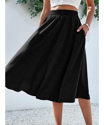 Women's Elastic Waist Pocket Side A Line Midi Swing Flared Skirt Black $14.88 Skirts