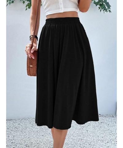 Women's Elastic Waist Pocket Side A Line Midi Swing Flared Skirt Black $14.88 Skirts