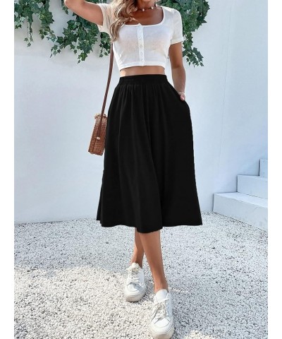 Women's Elastic Waist Pocket Side A Line Midi Swing Flared Skirt Black $14.88 Skirts