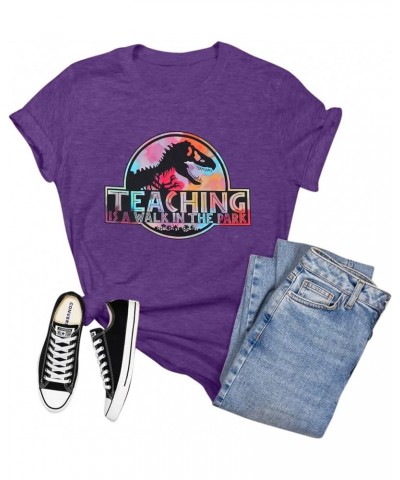 Teacher Shirt Women Cute Dinosaur Graphic T-Shirt Teaching is a Walk in The Park Shirt Kindergarten Teacher Graphic Tee Purpl...