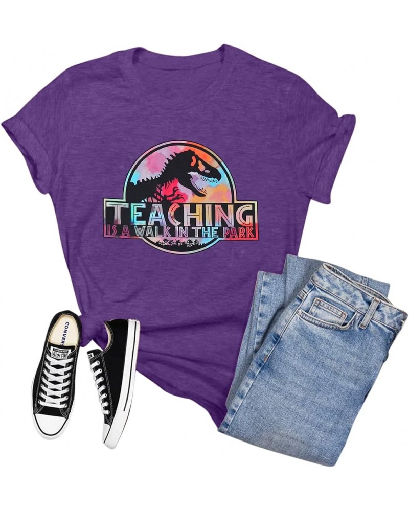 Teacher Shirt Women Cute Dinosaur Graphic T-Shirt Teaching is a Walk in The Park Shirt Kindergarten Teacher Graphic Tee Purpl...