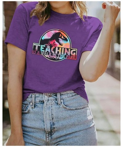 Teacher Shirt Women Cute Dinosaur Graphic T-Shirt Teaching is a Walk in The Park Shirt Kindergarten Teacher Graphic Tee Purpl...