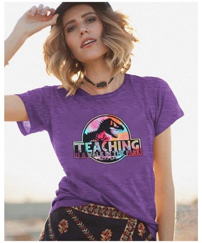 Teacher Shirt Women Cute Dinosaur Graphic T-Shirt Teaching is a Walk in The Park Shirt Kindergarten Teacher Graphic Tee Purpl...