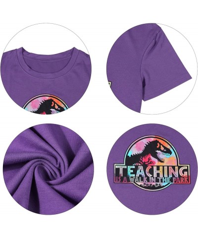 Teacher Shirt Women Cute Dinosaur Graphic T-Shirt Teaching is a Walk in The Park Shirt Kindergarten Teacher Graphic Tee Purpl...