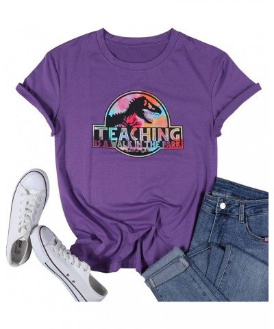 Teacher Shirt Women Cute Dinosaur Graphic T-Shirt Teaching is a Walk in The Park Shirt Kindergarten Teacher Graphic Tee Purpl...