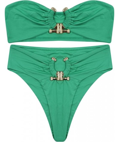 Women Bikini Metal Ring High Waist Two Piece Set Push Up Sexy Summer Swimwear Strapless Bathing Suit Green(no Shoulder Strap)...