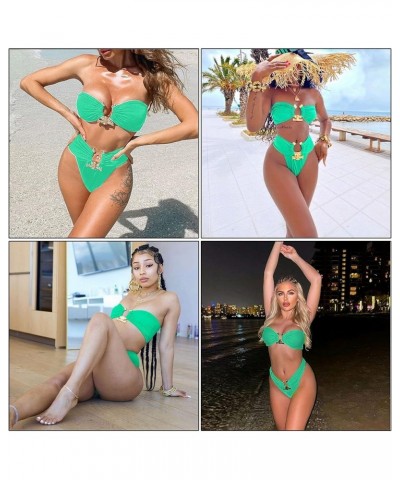 Women Bikini Metal Ring High Waist Two Piece Set Push Up Sexy Summer Swimwear Strapless Bathing Suit Green(no Shoulder Strap)...