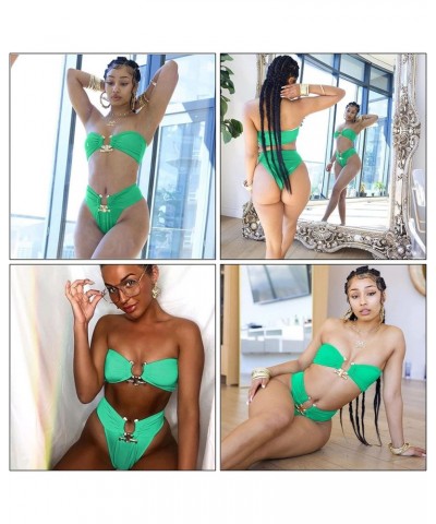 Women Bikini Metal Ring High Waist Two Piece Set Push Up Sexy Summer Swimwear Strapless Bathing Suit Green(no Shoulder Strap)...