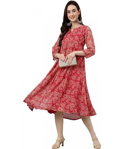 Indian Women's Dark Pink Chiffon Lurex Floral Printed Flared Dress for Women Dark Pink $22.50 Dresses