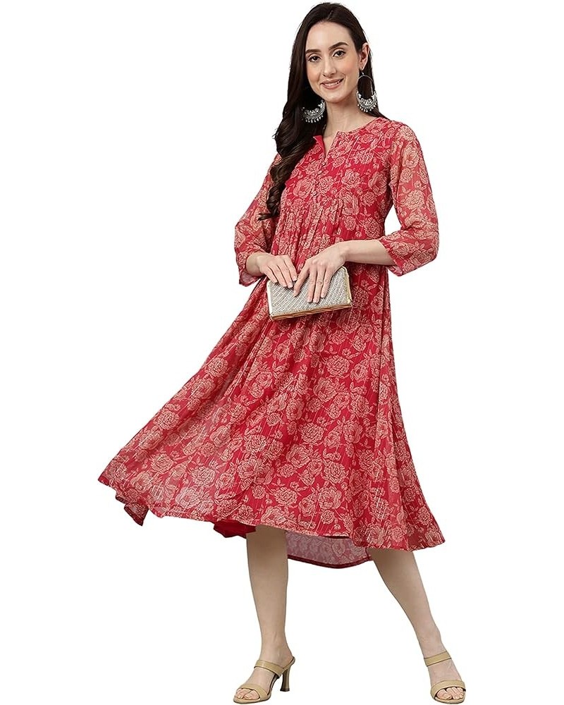 Indian Women's Dark Pink Chiffon Lurex Floral Printed Flared Dress for Women Dark Pink $22.50 Dresses