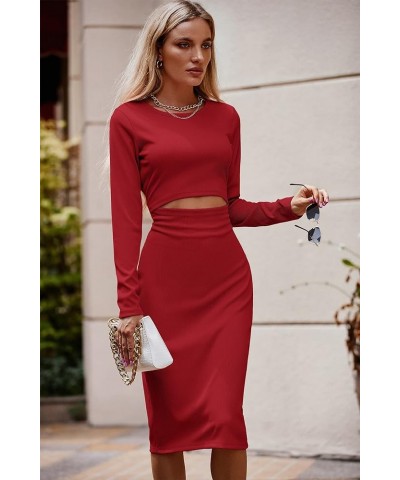 Women's Long Sleeve Midi Bodycon Dresses Casual Crewneck Cut Out Ribbed Knit Fitted Pencil Dress Red $19.94 Dresses