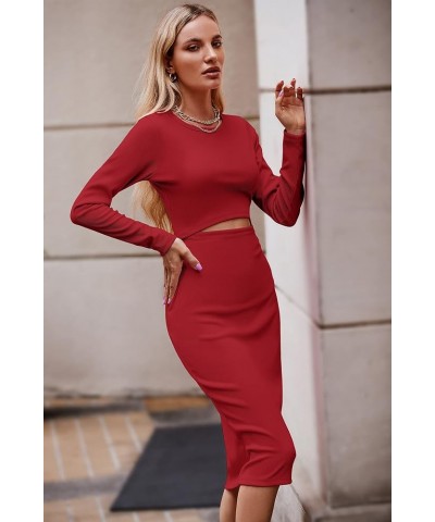 Women's Long Sleeve Midi Bodycon Dresses Casual Crewneck Cut Out Ribbed Knit Fitted Pencil Dress Red $19.94 Dresses