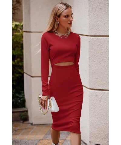 Women's Long Sleeve Midi Bodycon Dresses Casual Crewneck Cut Out Ribbed Knit Fitted Pencil Dress Red $19.94 Dresses