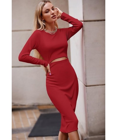 Women's Long Sleeve Midi Bodycon Dresses Casual Crewneck Cut Out Ribbed Knit Fitted Pencil Dress Red $19.94 Dresses