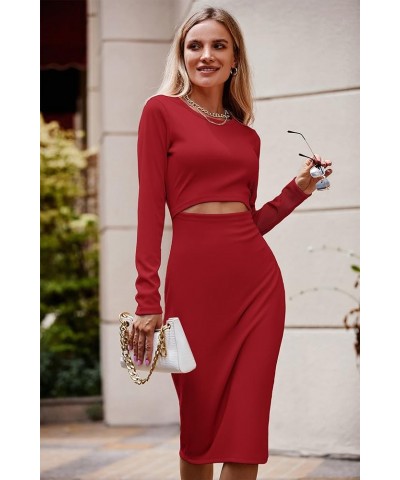 Women's Long Sleeve Midi Bodycon Dresses Casual Crewneck Cut Out Ribbed Knit Fitted Pencil Dress Red $19.94 Dresses