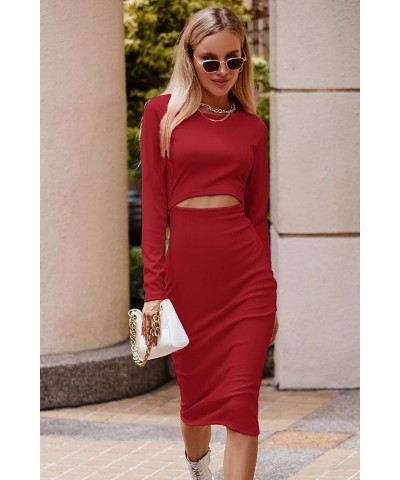 Women's Long Sleeve Midi Bodycon Dresses Casual Crewneck Cut Out Ribbed Knit Fitted Pencil Dress Red $19.94 Dresses