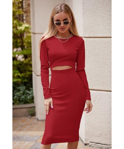 Women's Long Sleeve Midi Bodycon Dresses Casual Crewneck Cut Out Ribbed Knit Fitted Pencil Dress Red $19.94 Dresses