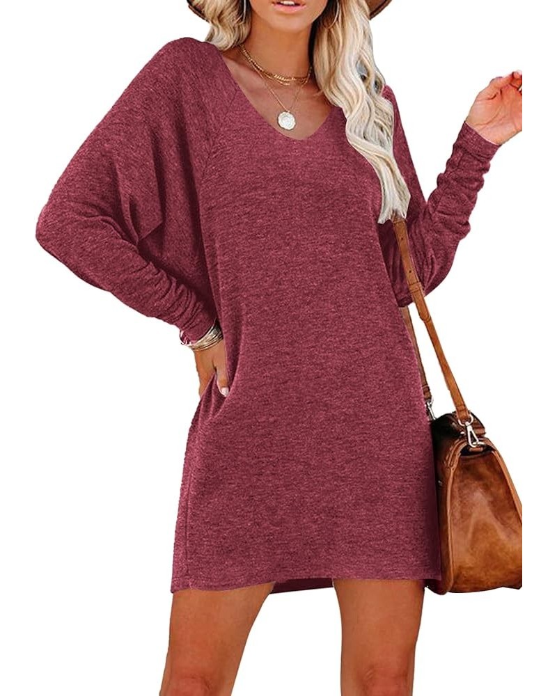 Women's Casual V Neck Long Sleeve Loose Fit Mini Short T-Shirt Dress Pink $25.19 Dresses