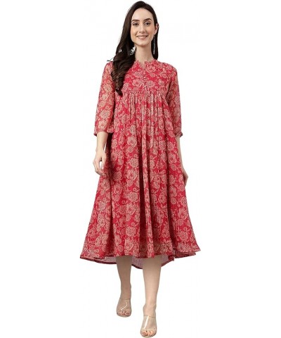 Indian Women's Dark Pink Chiffon Lurex Floral Printed Flared Dress for Women Dark Pink $22.50 Dresses