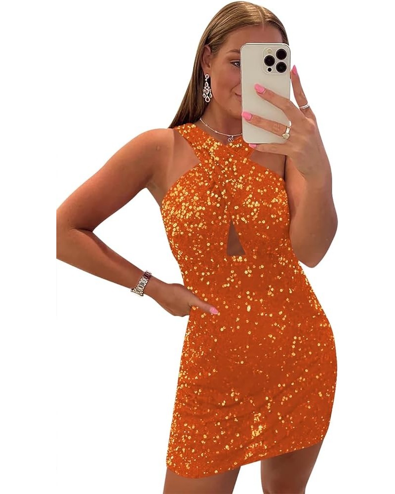 Women's Halter Sequin Homecoming Dresses for Teens Tight Short Cocktail Graduation Dress YMS193 A-orange $29.28 Dresses