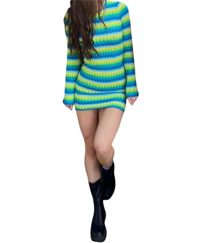 Women Long Sleeve Crochet Knit Mini Dress Backless Slim Beach Hollow Out Dress Casual Streetwear D Green $9.79 Dresses