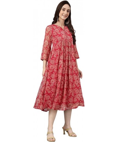 Indian Women's Dark Pink Chiffon Lurex Floral Printed Flared Dress for Women Dark Pink $22.50 Dresses