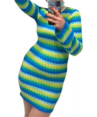 Women Long Sleeve Crochet Knit Mini Dress Backless Slim Beach Hollow Out Dress Casual Streetwear D Green $9.79 Dresses