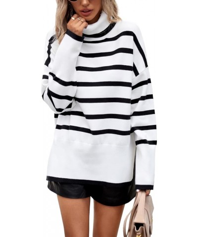 Women Striped Turtleneck Knit Sweater Long Sleeve Side Spilt Ribbed Oversized Pullover Sweater Tops White $20.15 Sweaters