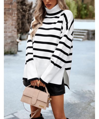 Women Striped Turtleneck Knit Sweater Long Sleeve Side Spilt Ribbed Oversized Pullover Sweater Tops White $20.15 Sweaters