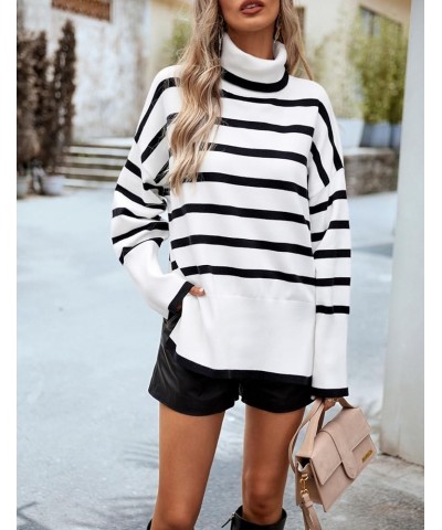 Women Striped Turtleneck Knit Sweater Long Sleeve Side Spilt Ribbed Oversized Pullover Sweater Tops White $20.15 Sweaters