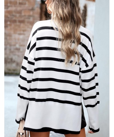 Women Striped Turtleneck Knit Sweater Long Sleeve Side Spilt Ribbed Oversized Pullover Sweater Tops White $20.15 Sweaters