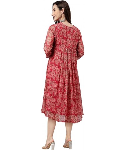 Indian Women's Dark Pink Chiffon Lurex Floral Printed Flared Dress for Women Dark Pink $22.50 Dresses