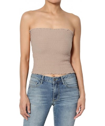 Women's Strapless Smocked Crop Tube Top Scalloped Hem Stretch Bustier Bandeau Light Mocha $10.19 Tops