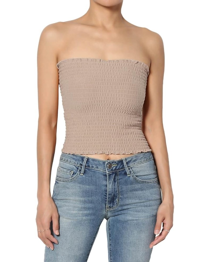 Women's Strapless Smocked Crop Tube Top Scalloped Hem Stretch Bustier Bandeau Light Mocha $10.19 Tops