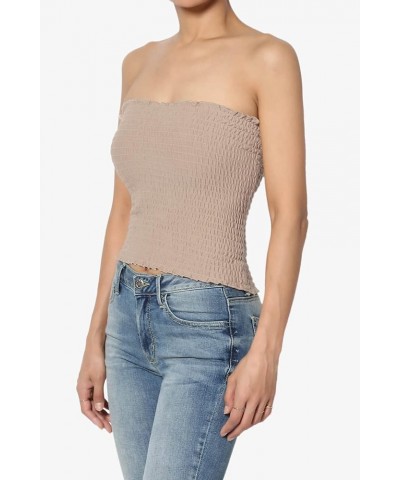 Women's Strapless Smocked Crop Tube Top Scalloped Hem Stretch Bustier Bandeau Light Mocha $10.19 Tops