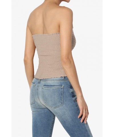 Women's Strapless Smocked Crop Tube Top Scalloped Hem Stretch Bustier Bandeau Light Mocha $10.19 Tops