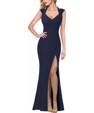 Womens V Halter Neck Zipper High Split Formal Evening Gown Wedding Prom Party Maxi Dress Solid Dark Blue $33.32 Dresses