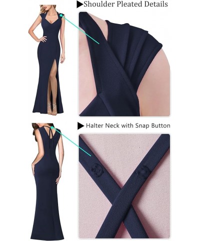 Womens V Halter Neck Zipper High Split Formal Evening Gown Wedding Prom Party Maxi Dress Solid Dark Blue $33.32 Dresses