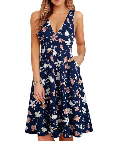 Women's Deep V Neck Casual Cocktail Skater Dress with Pockets A293 Dark Blue/Floral $15.84 Dresses