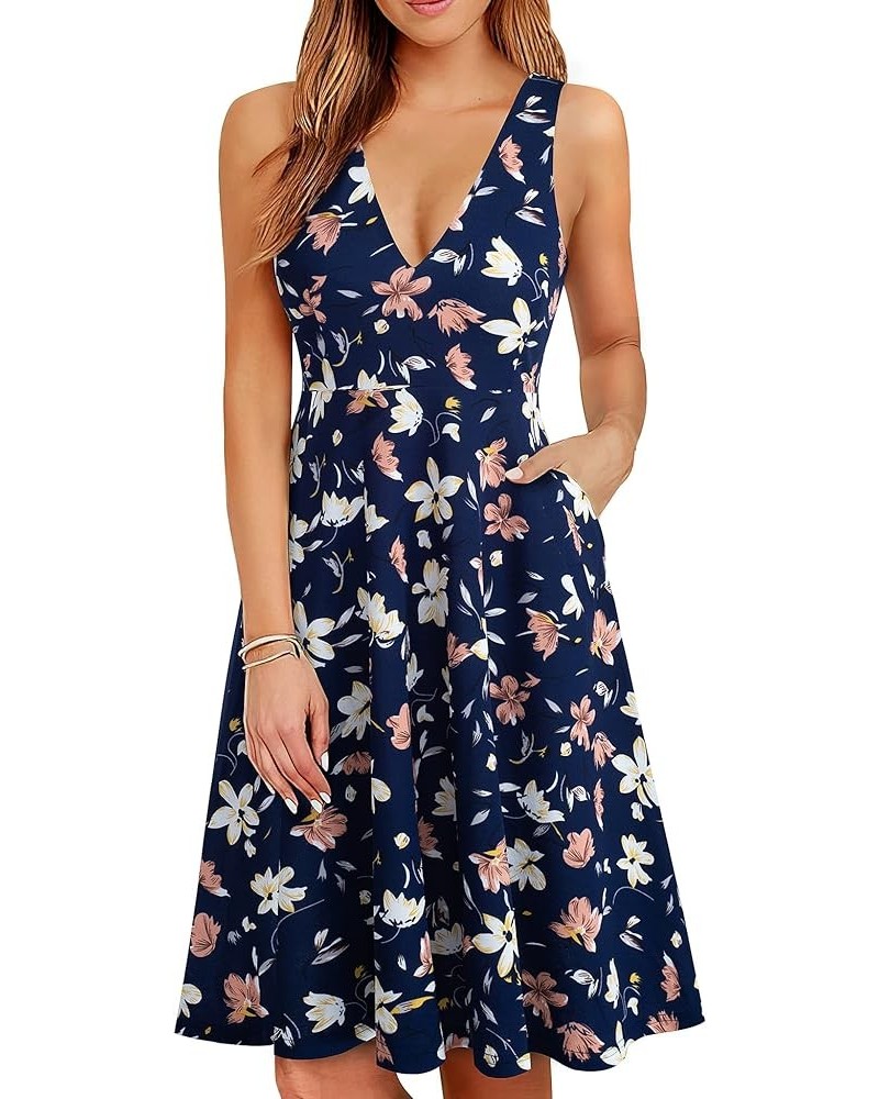 Women's Deep V Neck Casual Cocktail Skater Dress with Pockets A293 Dark Blue/Floral $15.84 Dresses