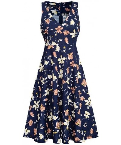 Women's Deep V Neck Casual Cocktail Skater Dress with Pockets A293 Dark Blue/Floral $15.84 Dresses